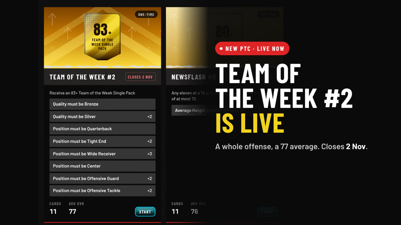 Team of the Week #2 is live: a whole offense, a 77 average, closing 2 November.